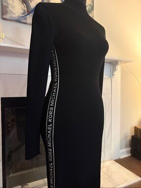 Michael Kors Black Ribbed Midi Dress with Logo Side Tape